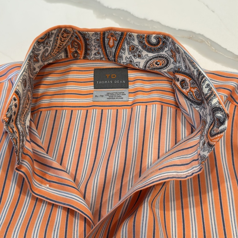 Men’s Thomas Dean Orange and White Casual Button Down Shirt XL TG